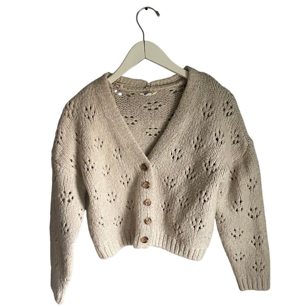 Garage Cottagecore Dainty Floral Knit Cardigan Sweater Beige Cream Small 90s